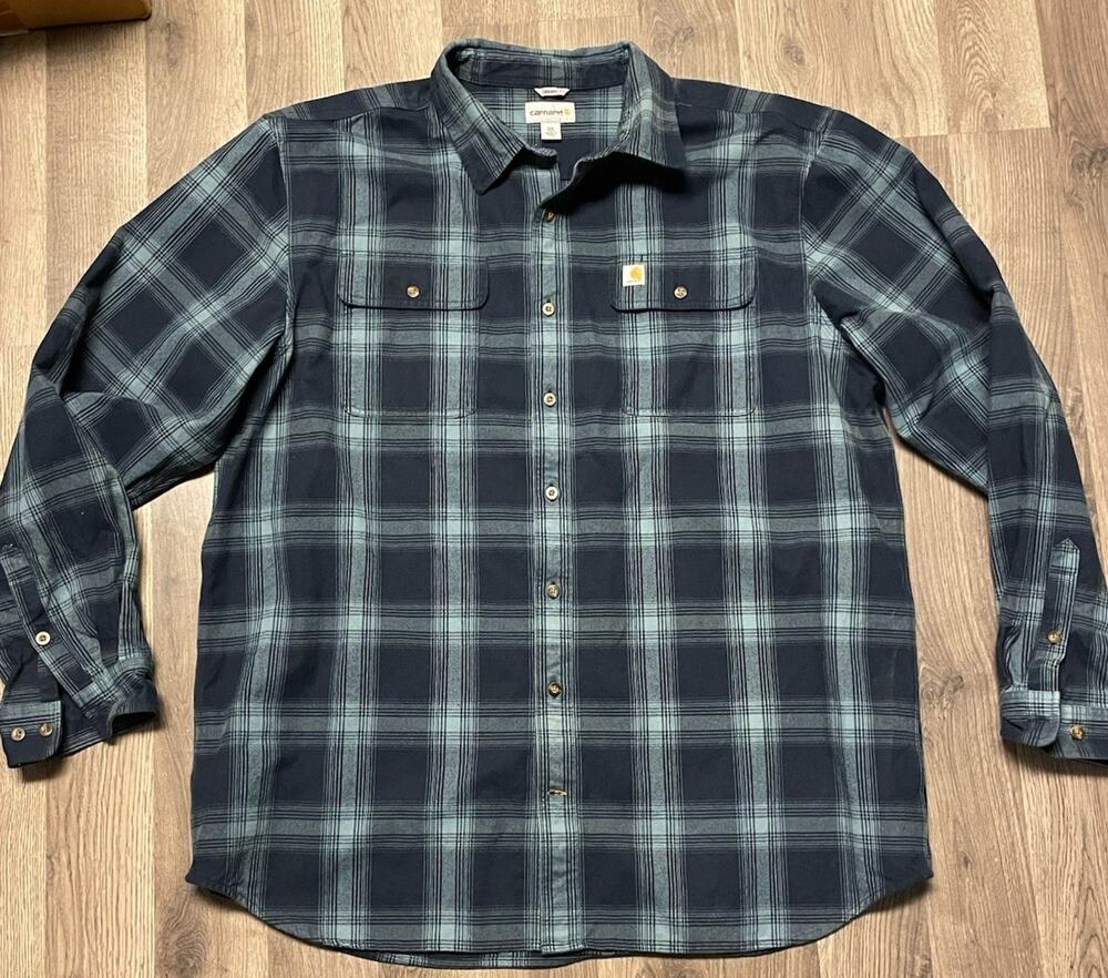 Carhartt Men 2XL Heavyweight Plaid Flannel Shirt Long Sleeve Loose Fit Blue Gray